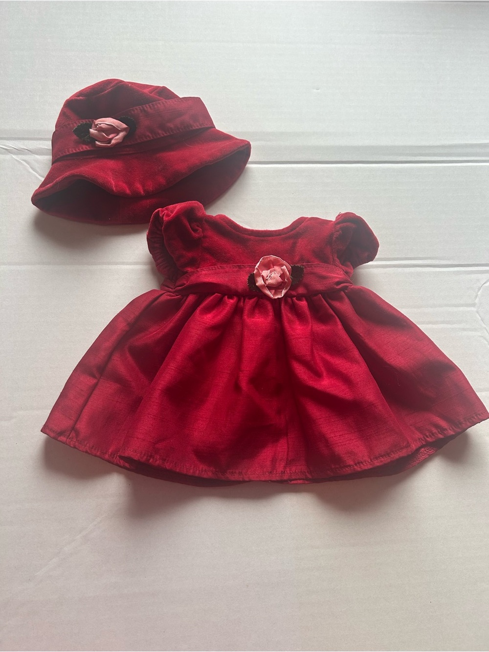 Red Doll Dress & Hat Set with Pink Flower Accent